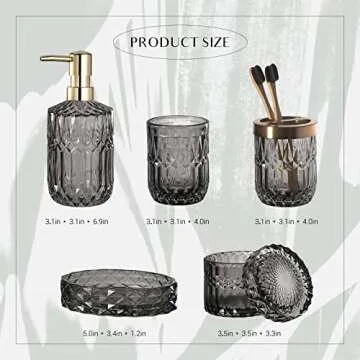 EMPO 6PCS Bathroom Clear Glass Accessories Set (Lotion Soap Dispenser, Soap Dish, Toothbrush Holder, Tumbler, Cotton Swab Jar) Contemporary Modern Decor Crystal Clear Vintage Gift (6pcs Gray)