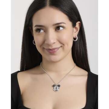 Disney Mickey Mouse Endless Hoop Earrings for Women Official License, Silver Flash-Plated Cubic Zirconia Mickey Earrings