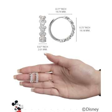 Disney Mickey Mouse Endless Hoop Earrings for Women Official License, Silver Flash-Plated Cubic Zirconia Mickey Earrings