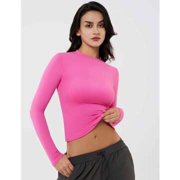 PATTERN HOUR Women's Long Sleeve T-Shirt Slim Fit Crew Neck Basic Sexy Tee Double Line Pink