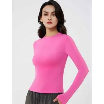 PATTERN HOUR Women's Long Sleeve T-Shirt Slim Fit Crew Neck Basic Sexy Tee Double Line Pink