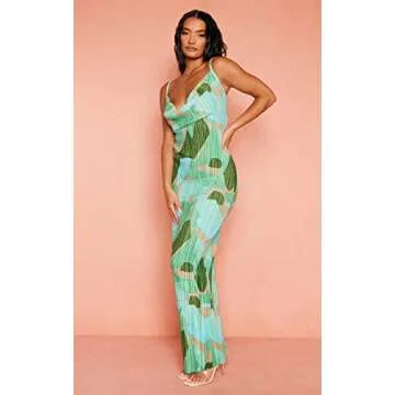 LASPIA Cowl Neck Dress Sexy Strap Shoulder Pleated Maxi Dresses Summer Wedding Guest Dresses for Women,Green,Medium