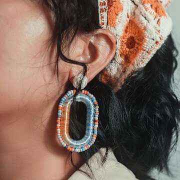 Beaded Raffia Earrings Statement Boho Earrings Cute Seed Bead Earrings Square Drop Dangle Earrings Summer Jewelry for Women(Rainbow)