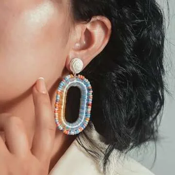 Beaded Raffia Earrings Statement Boho Earrings Cute Seed Bead Earrings Square Drop Dangle Earrings Summer Jewelry for Women(Rainbow)