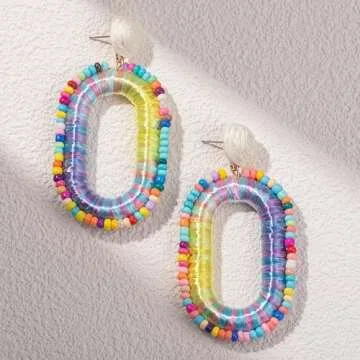 Beaded Raffia Earrings Statement Boho Earrings Cute Seed Bead Earrings Square Drop Dangle Earrings Summer Jewelry for Women(Rainbow)