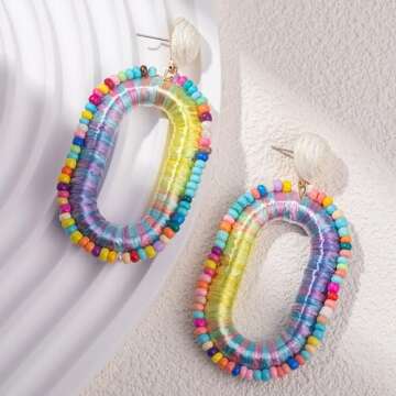 Beaded Raffia Earrings Statement Boho Earrings Cute Seed Bead Earrings Square Drop Dangle Earrings Summer Jewelry for Women(Rainbow)