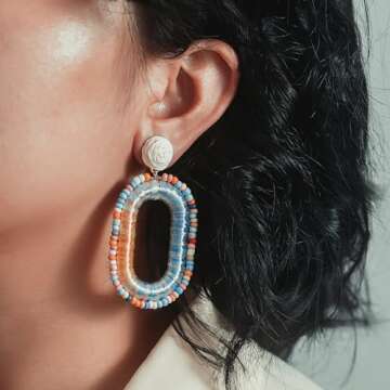 Beaded Raffia Earrings Statement Boho Earrings Cute Seed Bead Earrings Square Drop Dangle Earrings Summer Jewelry for Women(Rainbow)