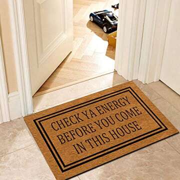 Msimplism.D Doormat Home Decor Funny Doormat CHECK YA ENERGY BEFORE You COME in This HOUSE Monogram Doormat Indoor Outdoor Rubber Welcome Mat Non-Slip Backing Entry Way Doormat 23.6 x 15.7 Inch