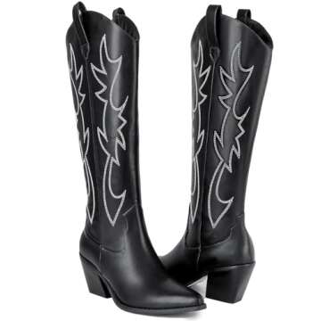 Mostrin Cowgirl Boots for Women Embroidered Cowboy Boots Pointed Toe Knee High Boots Chunky Block Heel Pull On Tall Western Boot for Ladies