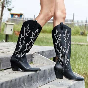 Mostrin Cowgirl Boots for Women Embroidered Cowboy Boots Pointed Toe Knee High Boots Chunky Block Heel Pull On Tall Western Boot for Ladies