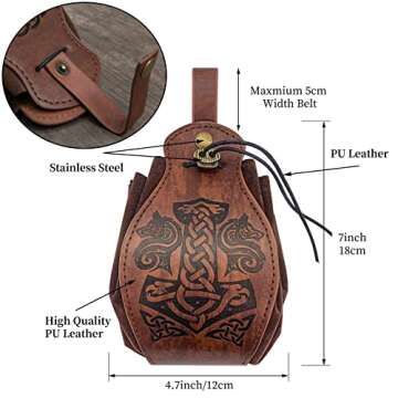 Popeoiuh Medieval Leather Belt Pouch for Men Women Portable Drawstring Waist Bag Pack Brown Vintage Embossed Belt Pouches Dice Purse LARP Viking Cosplay Costume Accessories(Fenrir and Mjolnir)