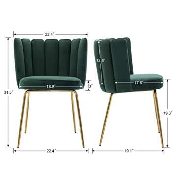 chairus Dining Chairs Set of 2, Comfy Living Room Chairs Modern Velvet Upholstered Accent Chair for Kitchen Vanity Bedroom with Curved Back & Gold Metal Legs, Dark Green