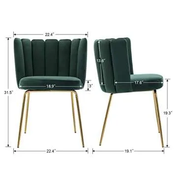 chairus Dining Chairs Set of 2, Comfy Living Room Chairs Modern Velvet Upholstered Accent Chair for Kitchen Vanity Bedroom with Curved Back & Gold Metal Legs, Dark Green