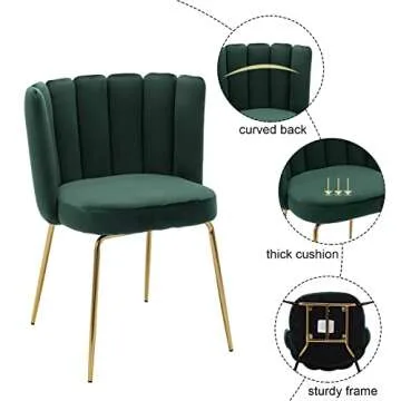 chairus Dining Chairs Set of 2, Comfy Living Room Chairs Modern Velvet Upholstered Accent Chair for Kitchen Vanity Bedroom with Curved Back & Gold Metal Legs, Dark Green