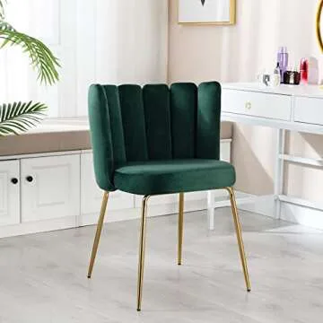 chairus Dining Chairs Set of 2, Comfy Living Room Chairs Modern Velvet Upholstered Accent Chair for Kitchen Vanity Bedroom with Curved Back & Gold Metal Legs, Dark Green