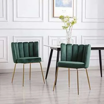 chairus Dining Chairs Set of 2, Comfy Living Room Chairs Modern Velvet Upholstered Accent Chair for Kitchen Vanity Bedroom with Curved Back & Gold Metal Legs, Dark Green