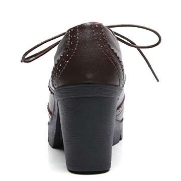 DADAWEN Women's Leather Classic Lace Up Platform Chunky Mid-Heel Square Toe Oxfords Dress Pump Shoes Brown US Size 9