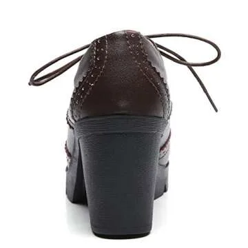 DADAWEN Women's Leather Classic Lace Up Platform Chunky Mid-Heel Square Toe Oxfords Dress Pump Shoes Brown US Size 9