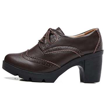 DADAWEN Women's Leather Classic Lace Up Platform Chunky Mid-Heel Square Toe Oxfords Dress Pump Shoes Brown US Size 9