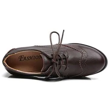 DADAWEN Women's Leather Classic Lace Up Platform Chunky Mid-Heel Square Toe Oxfords Dress Pump Shoes Brown US Size 9
