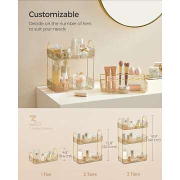 SONGMICS Makeup Organizer, 3-Tier Skincare Organizer Countertop, Customizable, 2 Types of Accessories, Jewelry Holder, for Vanity, Bedroom, Bathroom, Champagne Gold UJKA013A01
