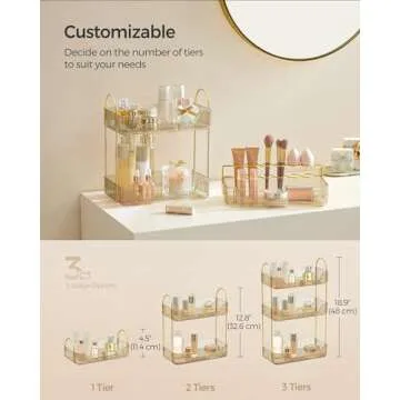 SONGMICS Makeup Organizer, 3-Tier Skincare Organizer Countertop, Customizable, 2 Types of Accessories, Jewelry Holder, for Vanity, Bedroom, Bathroom, Champagne Gold UJKA013A01