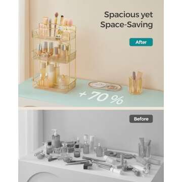 SONGMICS Makeup Organizer, 3-Tier Skincare Organizer Countertop, Customizable, 2 Types of Accessories, Jewelry Holder, for Vanity, Bedroom, Bathroom, Champagne Gold UJKA013A01