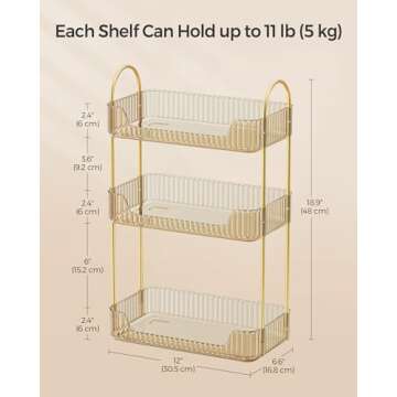 SONGMICS Makeup Organizer, 3-Tier Skincare Organizer Countertop, Customizable, 2 Types of Accessories, Jewelry Holder, for Vanity, Bedroom, Bathroom, Champagne Gold UJKA013A01