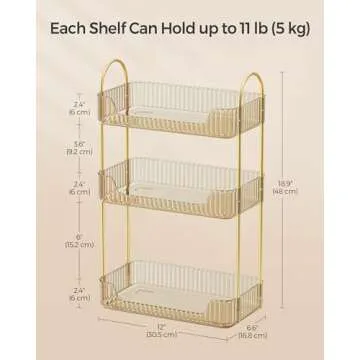 SONGMICS Makeup Organizer, 3-Tier Skincare Organizer Countertop, Customizable, 2 Types of Accessories, Jewelry Holder, for Vanity, Bedroom, Bathroom, Champagne Gold UJKA013A01