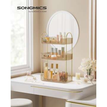 SONGMICS Makeup Organizer, 3-Tier Skincare Organizer Countertop, Customizable, 2 Types of Accessories, Jewelry Holder, for Vanity, Bedroom, Bathroom, Champagne Gold UJKA013A01