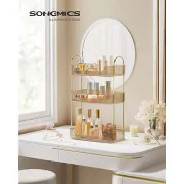 SONGMICS Makeup Organizer, 3-Tier Skincare Organizer Countertop, Customizable, 2 Types of Accessories, Jewelry Holder, for Vanity, Bedroom, Bathroom, Champagne Gold UJKA013A01
