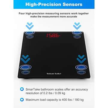 Weight Scale, SmarTake Precision Digital Body Bathroom Scale with Step-On Technology, 6mm Tempered Glass Easy Read Backlit LED Display, Body Tape Measure Included, 400 Pounds, Black
