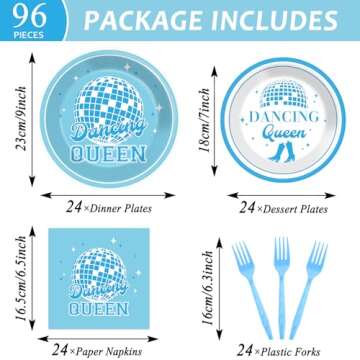 96Pcs Dancing Queen Party Supplies Dancing Queen Paper Plates Napkins Disposable Blue Disco Party Ta...