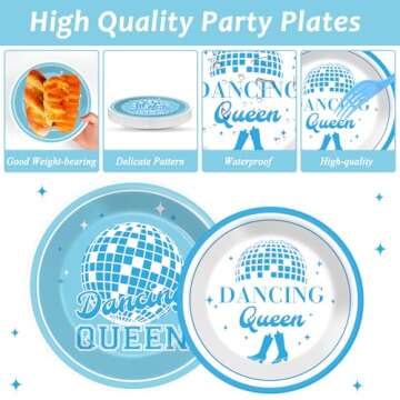96Pcs Dancing Queen Party Supplies Dancing Queen Paper Plates Napkins Disposable Blue Disco Party Tableware Set 70s Disco 17th Birthday Dinnerware for Party Bachelorette Decoration Serve 24