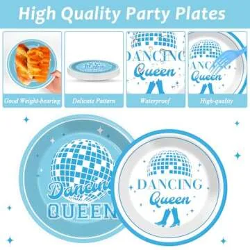 96Pcs Dancing Queen Party Supplies Dancing Queen Paper Plates Napkins Disposable Blue Disco Party Tableware Set 70s Disco 17th Birthday Dinnerware for Party Bachelorette Decoration Serve 24