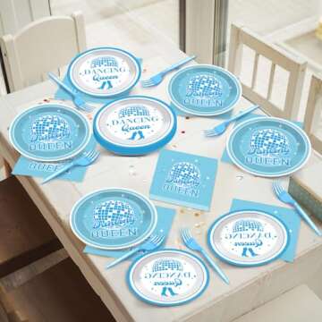 96Pcs Dancing Queen Party Supplies Dancing Queen Paper Plates Napkins Disposable Blue Disco Party Tableware Set 70s Disco 17th Birthday Dinnerware for Party Bachelorette Decoration Serve 24