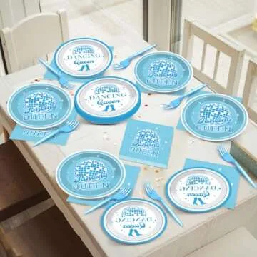 96Pcs Dancing Queen Party Supplies Dancing Queen Paper Plates Napkins Disposable Blue Disco Party Tableware Set 70s Disco 17th Birthday Dinnerware for Party Bachelorette Decoration Serve 24