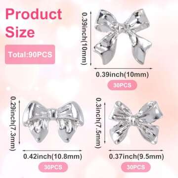 HINZIC 90Pcs Silver Bow Nail Charm 3 Styles Bowknot Nail Bows Glitter Acrylic Pearls Kawaii Christmas Wedding Prom Decoration for Women Phone Case Scrapbook Envelope Cards Making