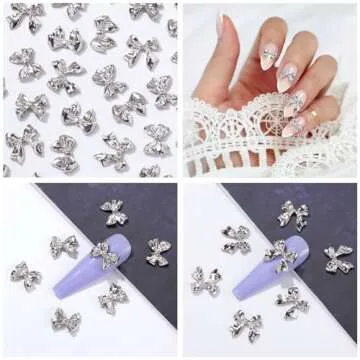 HINZIC 90Pcs Silver Bow Nail Charm 3 Styles Bowknot Nail Bows Glitter Acrylic Pearls Kawaii Christmas Wedding Prom Decoration for Women Phone Case Scrapbook Envelope Cards Making