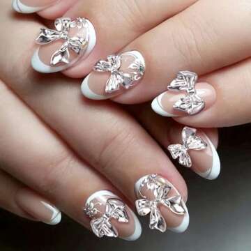 HINZIC 90Pcs Silver Bow Nail Charm 3 Styles Bowknot Nail Bows Glitter Acrylic Pearls Kawaii Christmas Wedding Prom Decoration for Women Phone Case Scrapbook Envelope Cards Making