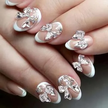 HINZIC 90Pcs Silver Bow Nail Charm 3 Styles Bowknot Nail Bows Glitter Acrylic Pearls Kawaii Christmas Wedding Prom Decoration for Women Phone Case Scrapbook Envelope Cards Making