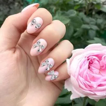 HINZIC 90Pcs Silver Bow Nail Charm 3 Styles Bowknot Nail Bows Glitter Acrylic Pearls Kawaii Christmas Wedding Prom Decoration for Women Phone Case Scrapbook Envelope Cards Making