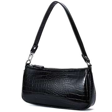 Small Shoulder Bags for Women Mini Handbags with Croc Pattern (Black with Leather Strap)