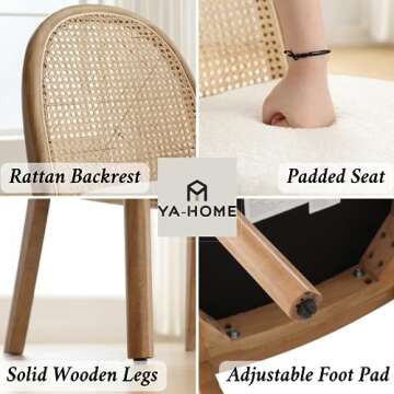 Ya-Home Mid Century Dining Chairs Set of 2, Accent Rattan Side Chairs Sherpa Fabric Kitchen Chair with Solid Wooden Legs for Living Room Dining Room, White