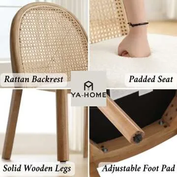 Ya-Home Mid Century Dining Chairs Set of 2, Accent Rattan Side Chairs Sherpa Fabric Kitchen Chair with Solid Wooden Legs for Living Room Dining Room, White
