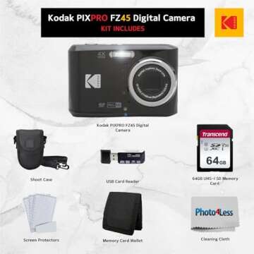 Kodak PIXPRO FZ45 Digital Camera Bundle with Black Point & Shoot Camera Case + Transcend 64GB SD Memory Card + Tri-fold Memory Card Wallet + Hi-Speed SD USB Card Reader + More!… (Black)
