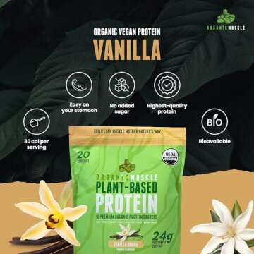 Organic Muscle Organic Vegan Protein Powder - Plant Based Vanilla Protein Powder with Pea, Hemp, Brown Rice, Chia Seed & Amino Acids - Low Calorie for Muscle Growth & Speed Recovery
