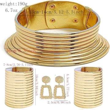 FLD 5pcs African Vintage Statement Choker Resin Snap Necklaces Bangle Jewelry Women Long Neck Collar Wide Leather Bracelet Stud Earring Sets