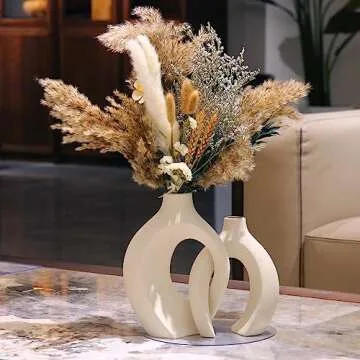 ABMLSL Cream Color Ceramic Snuggle Vase Set for Modern Home Decor, Matte Finish, Unglazed, Boho Style, Pampas Grass Centerpiece, 2 Vases