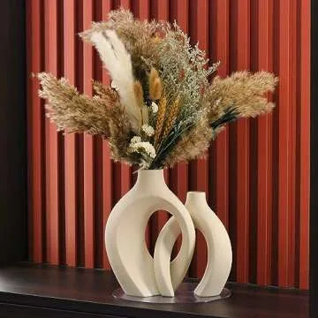ABMLSL Cream Color Ceramic Snuggle Vase Set for Modern Home Decor, Matte Finish, Unglazed, Boho Style, Pampas Grass Centerpiece, 2 Vases